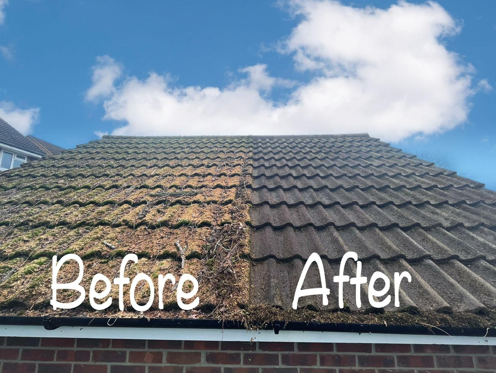 Moss being hand-scraped from concrete roof tiles during roof cleaning on a house in Woking, Surrey