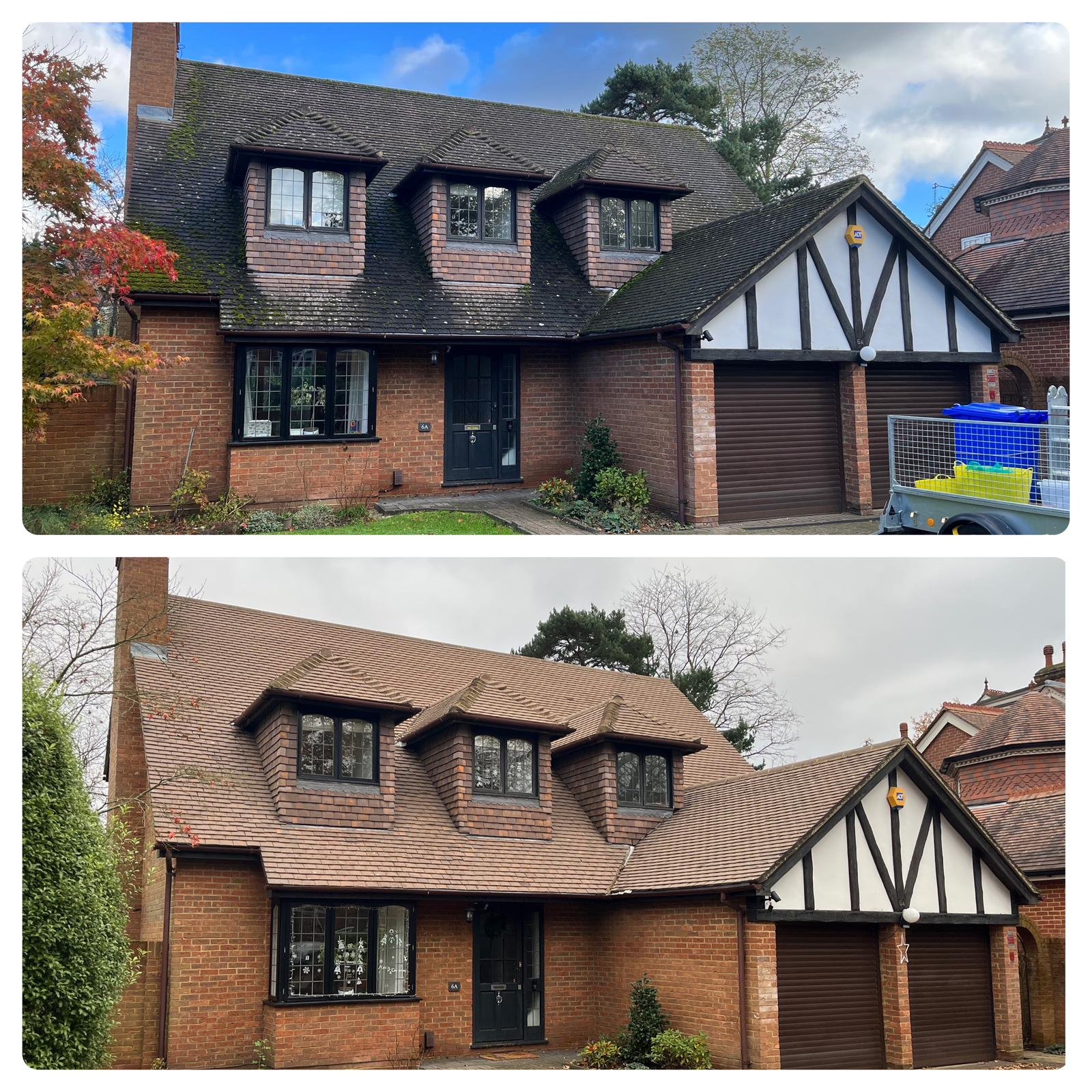 Roof cleaning in Ascot – moss removal from a clay tiled roof surrounded by tall pine trees