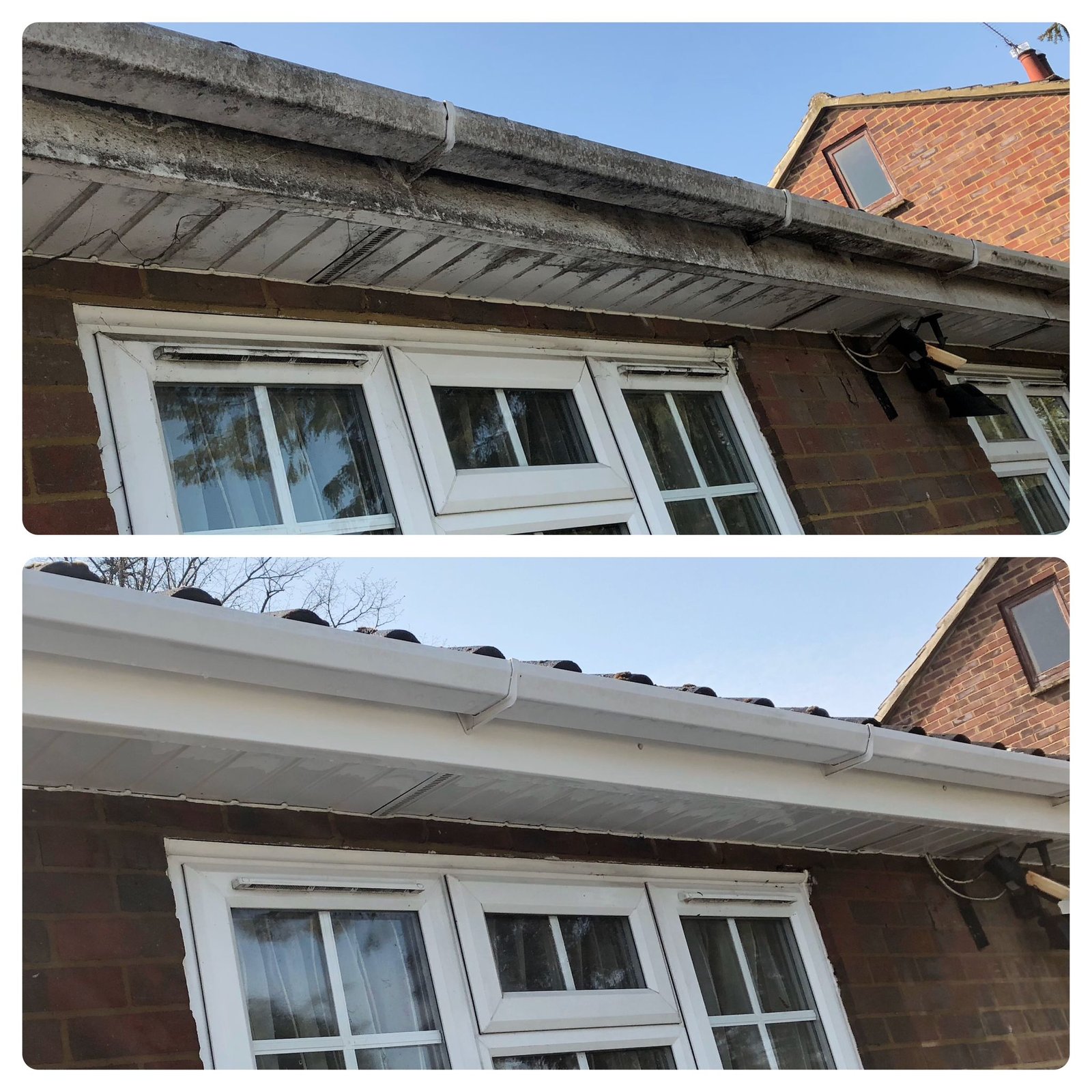 Fascia and soffit cleaning in Windsor – washing black streaks off white uPVC gutters and soffits