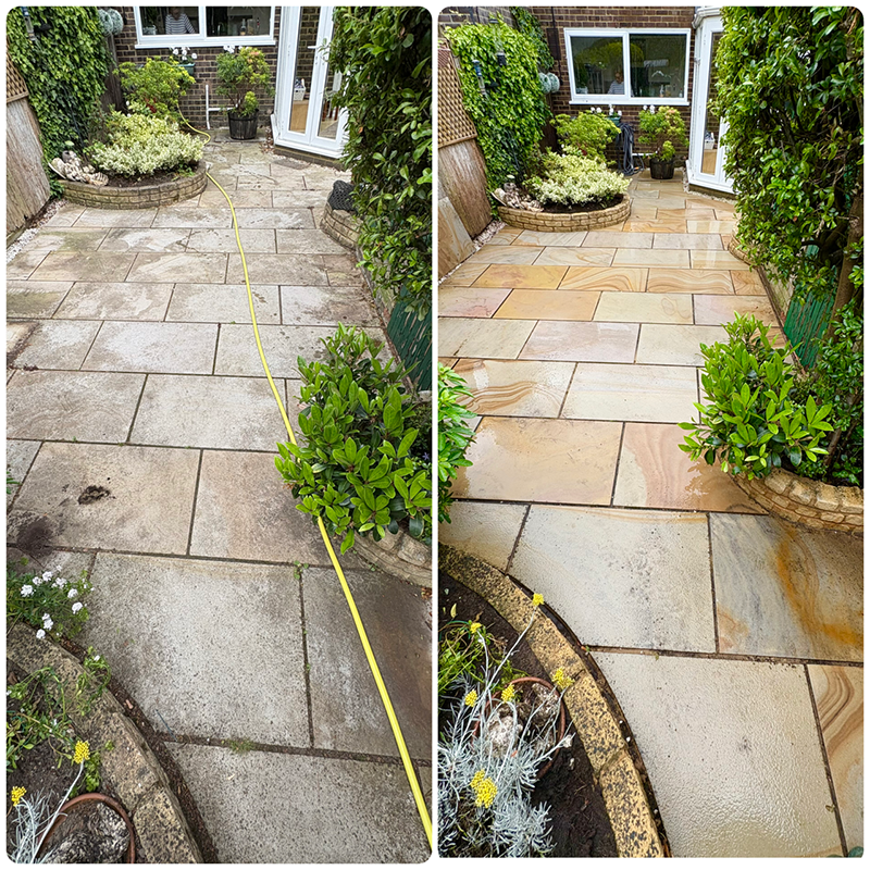 Jet washing in Great Bookham – pressure washing moss and weeds from a block paving driveway